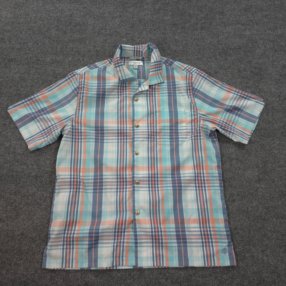 Coolibar Shirt Mens Large Blue Plaid Safari Camp Loop Collar Hike Fish Outdoors